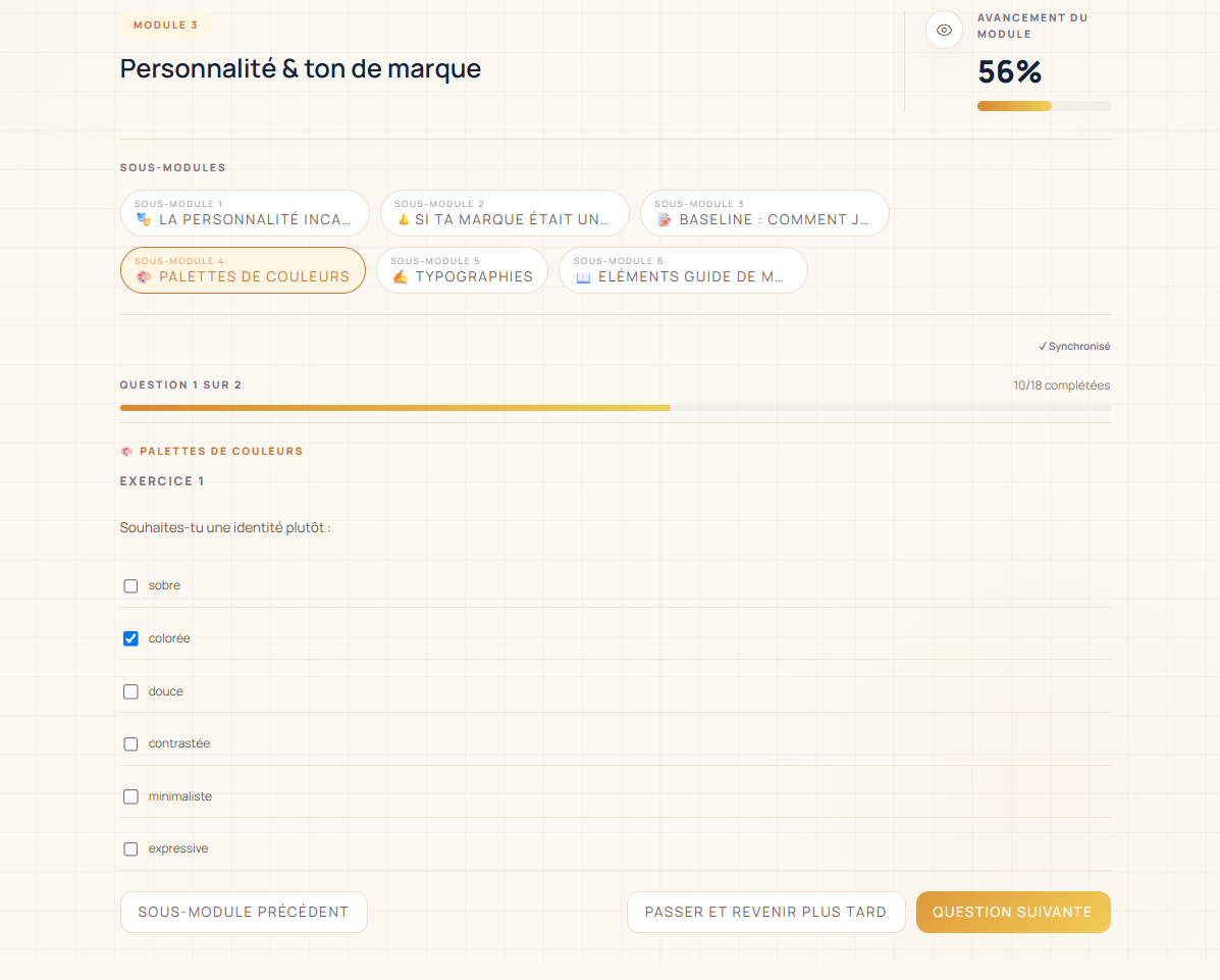 Exercice de Brand Studio pour choisir les qualités de son identité et composer sa palette.