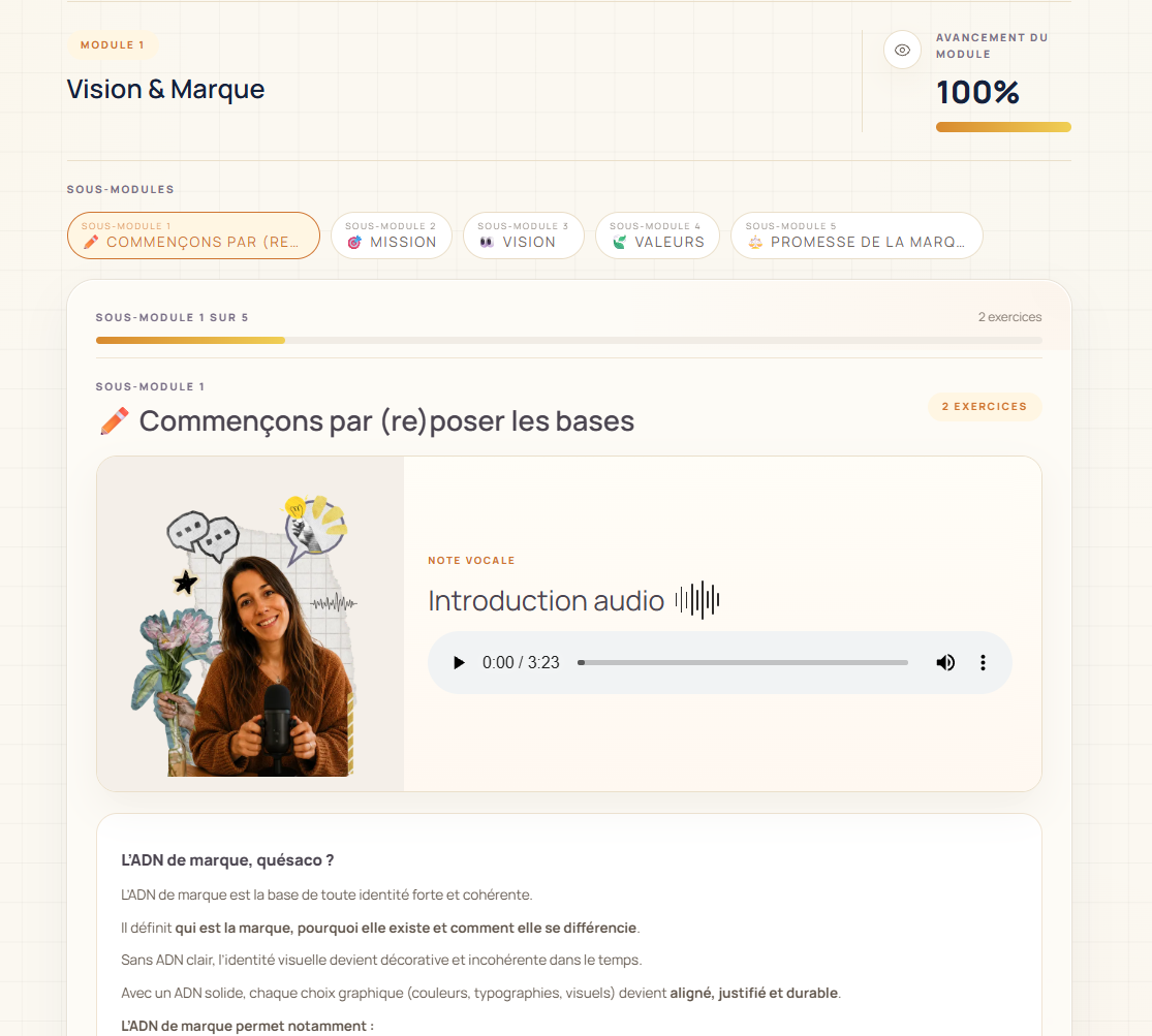 Module Vision & Marque de Brand Studio, avec une note vocale de Marine et le suivi des exercices.