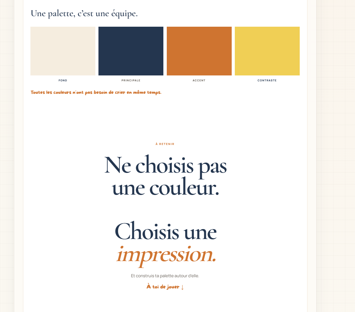 Page de l'atelier Brand Studio montrant une palette de quatre couleurs et une réflexion sur l'impression qu'elle crée.